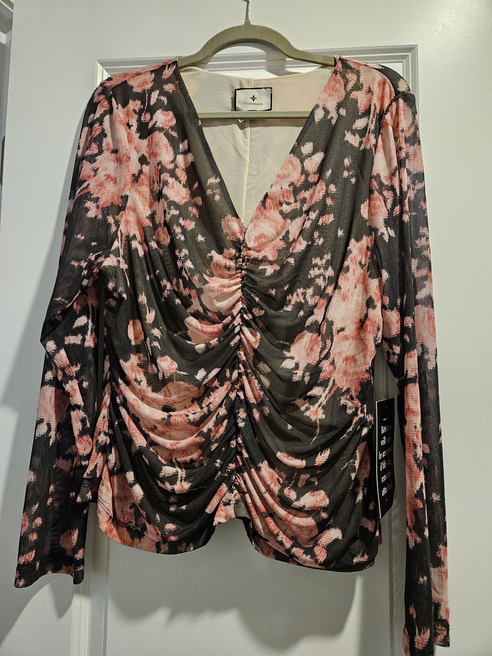Tuckernuck Beaux Valette Black and Pink Floral Ruched V-Neck Long Sleeve Top